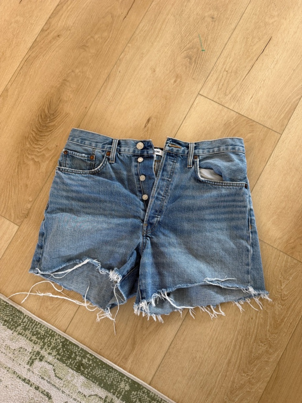 Re/Done Medium Blue Distressed Denim Jean Shorts